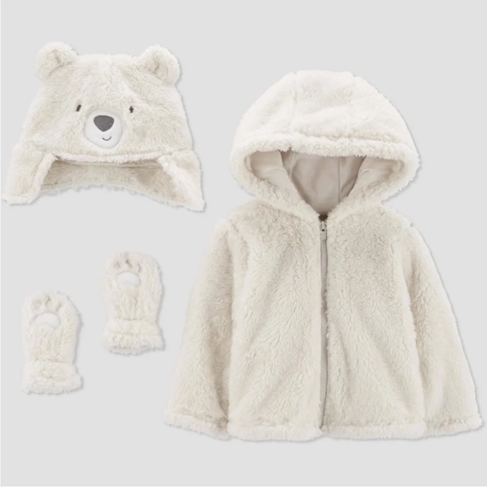 Carter's Just One You‹ Baby Bear Faux Fur Jacket and gloves set- Cream 3-6M
